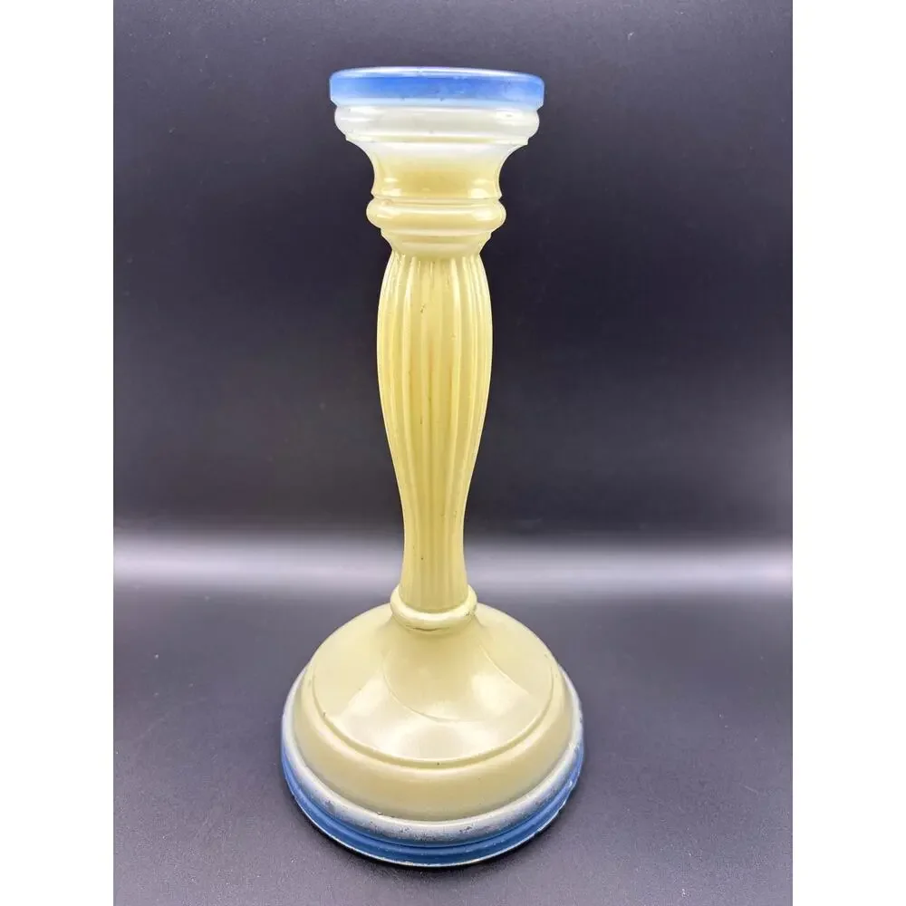 Vintage Indiana Glass Blue and Cream Candleholder Ribbed Depression Era Decor